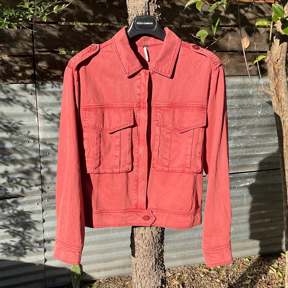 Young Broke Fabulous Desert Coral Red Washed Denim Jacket Size Medium